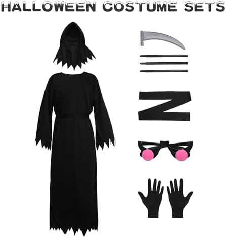 Grim Reaper Costume Kids Adult Halloween Costume with Accessories