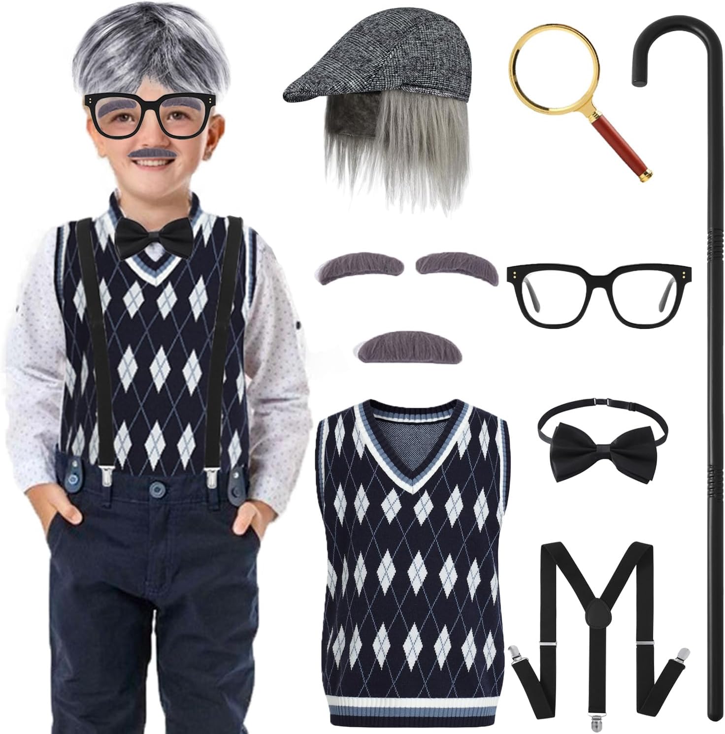 10-Piece 100th Day Grandpa Costume for Kids