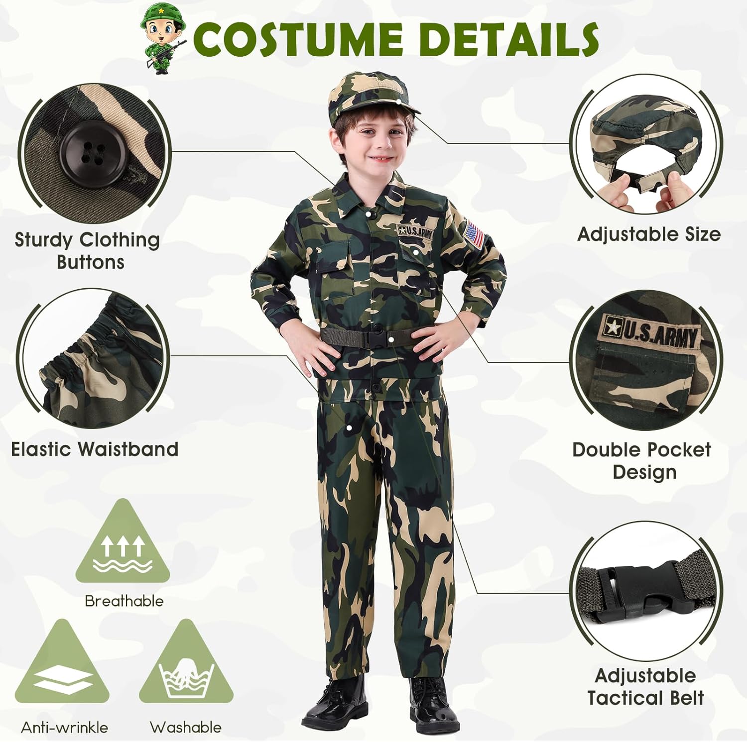 14-Piece Army Costume Set for Kids with Accessories
