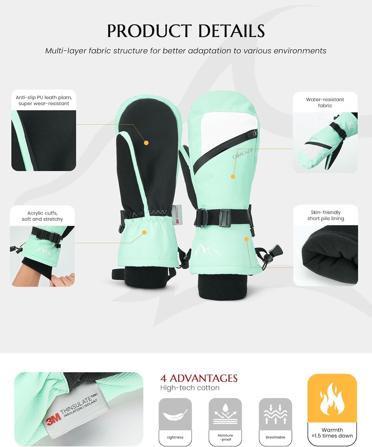 Caracaleap Warm Winter Ski Gloves for Men and Women - Waterproof and Durable