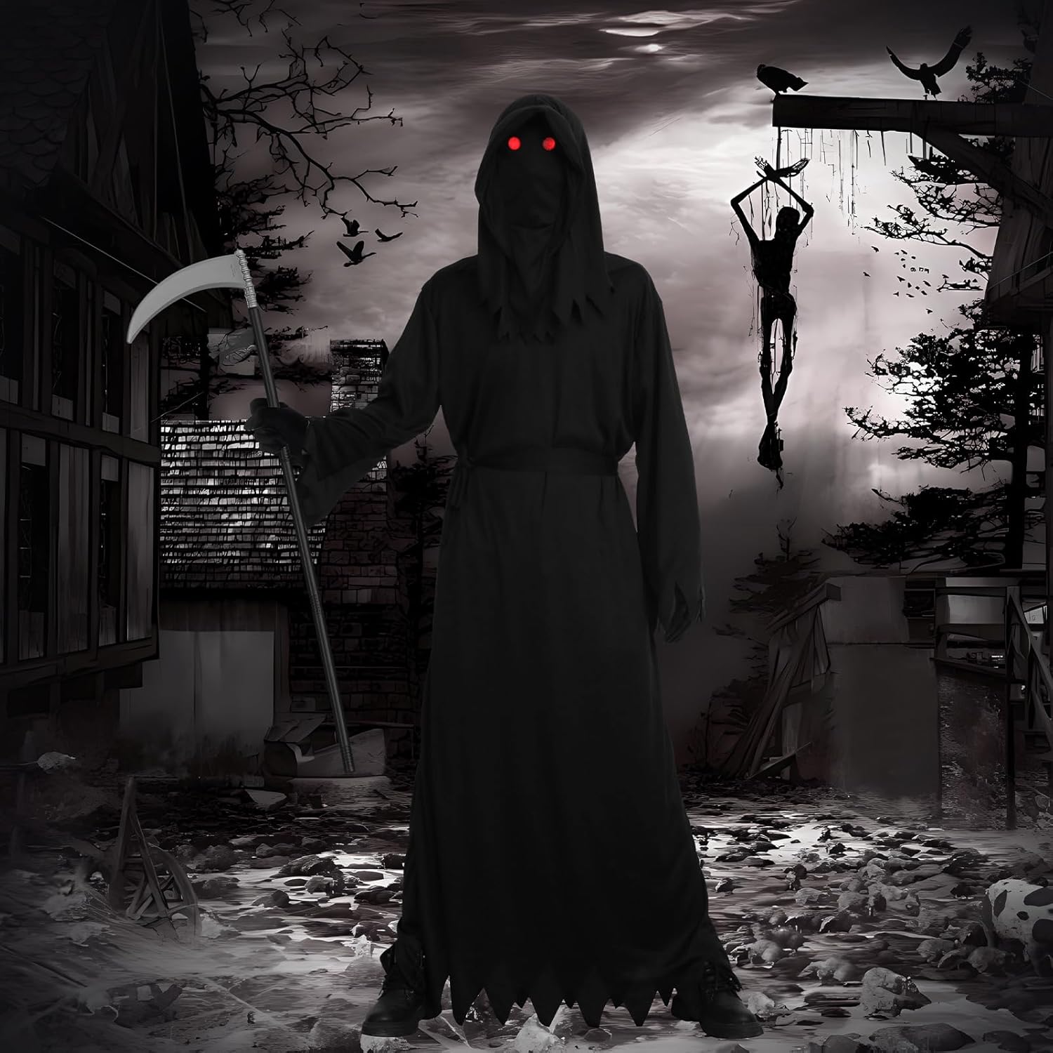 Grim Reaper Costume Kids Adult Halloween Costume with Accessories