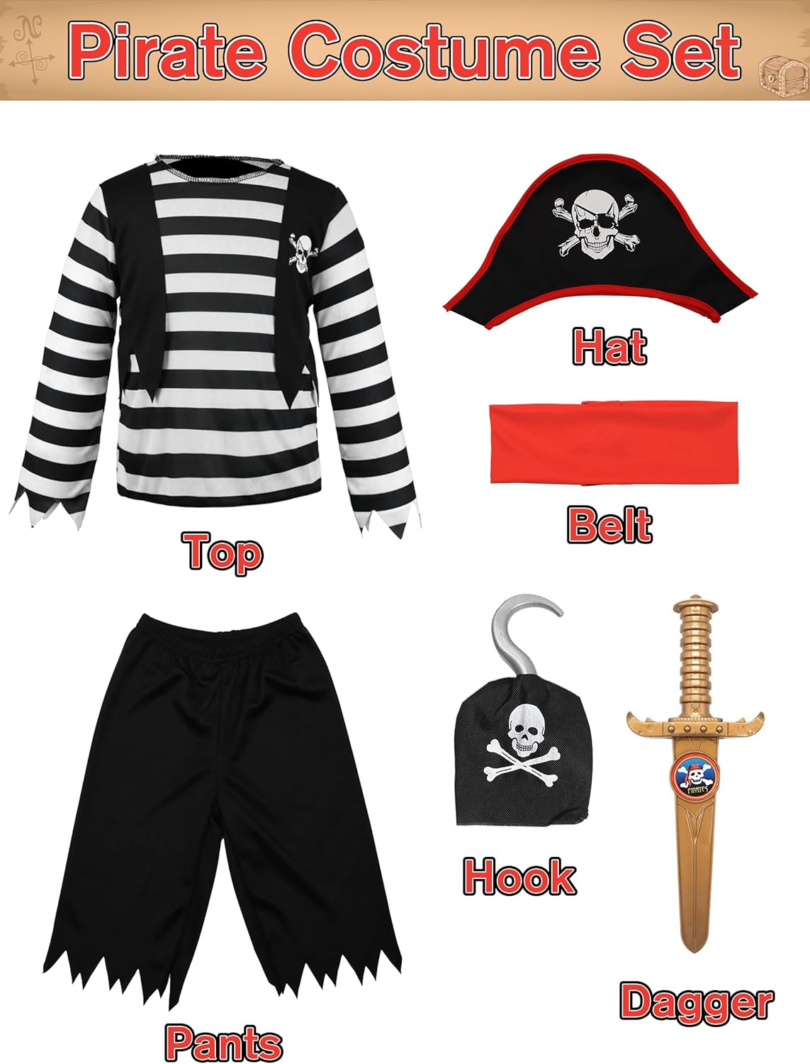 IKALI Pirate Costume for Kids Boys Complete Play Adventure Set