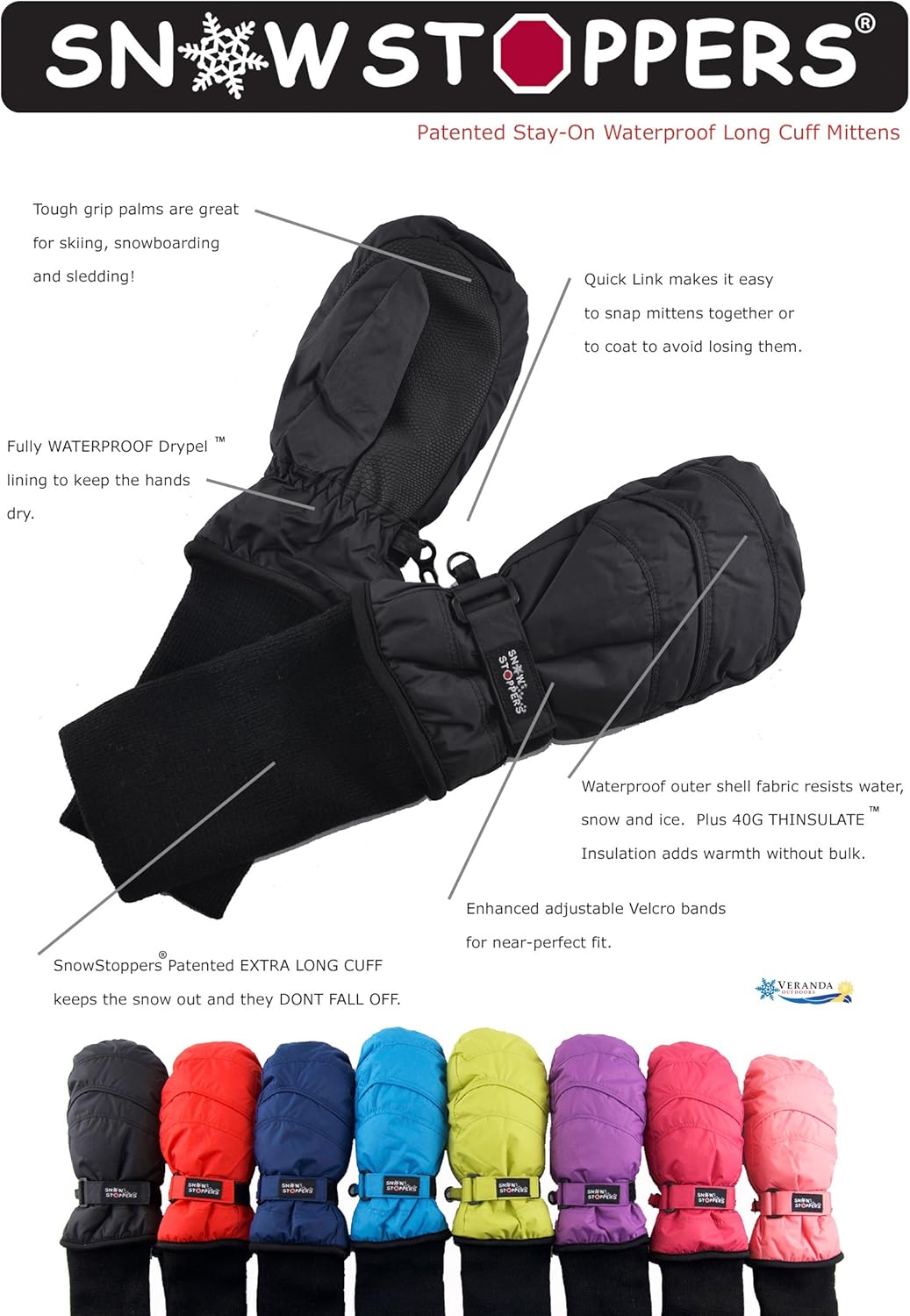 SnowStoppers Kids Waterproof Long Cuff Winter Mittens