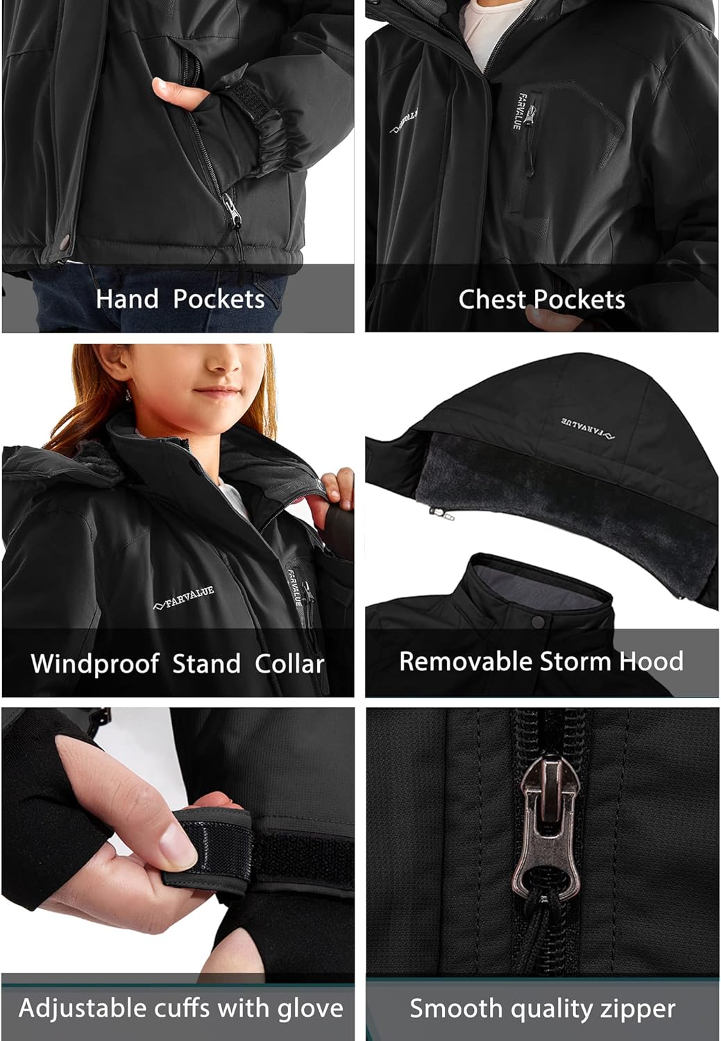 FARVALUE Girls Waterproof Skiing Jacket with Removable Hood
