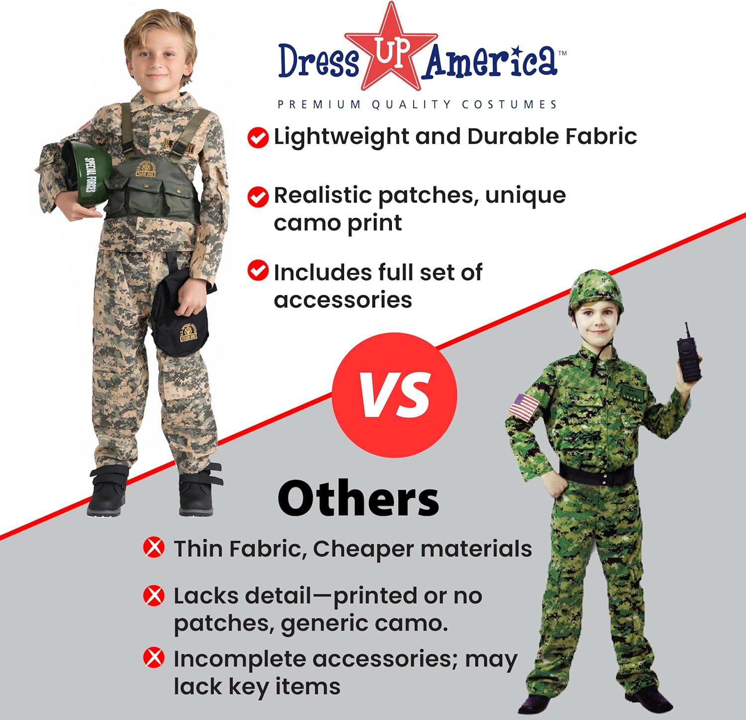 Dress Up America Army Costume for Boys Halloween Roleplay Military Soldier Set