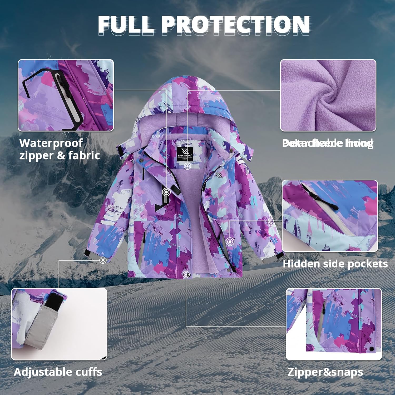 Simplee Kids Gender-Appropriate waterproof ski snow jacket for girls
