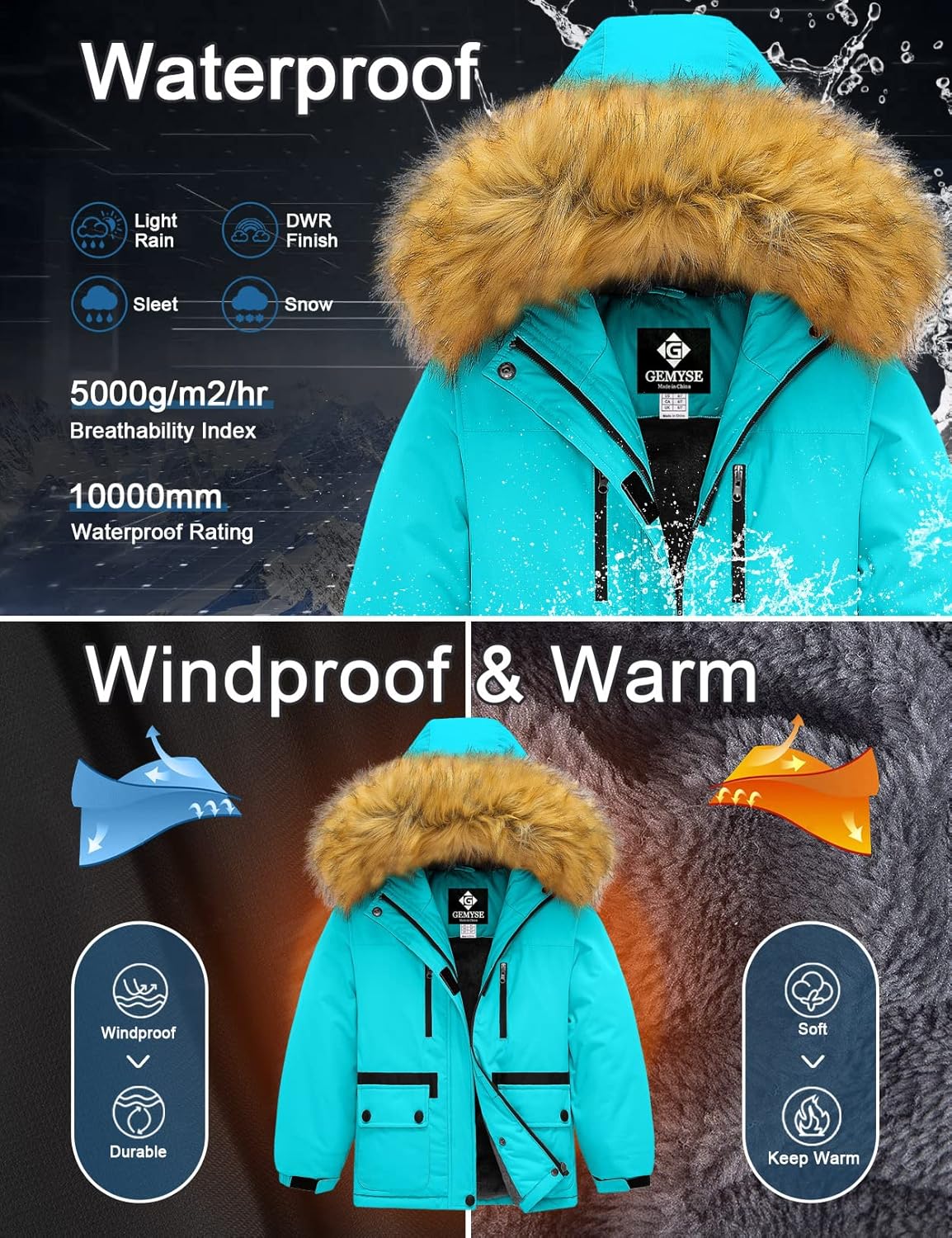 GEMYSE Girls Waterproof Ski Jacket