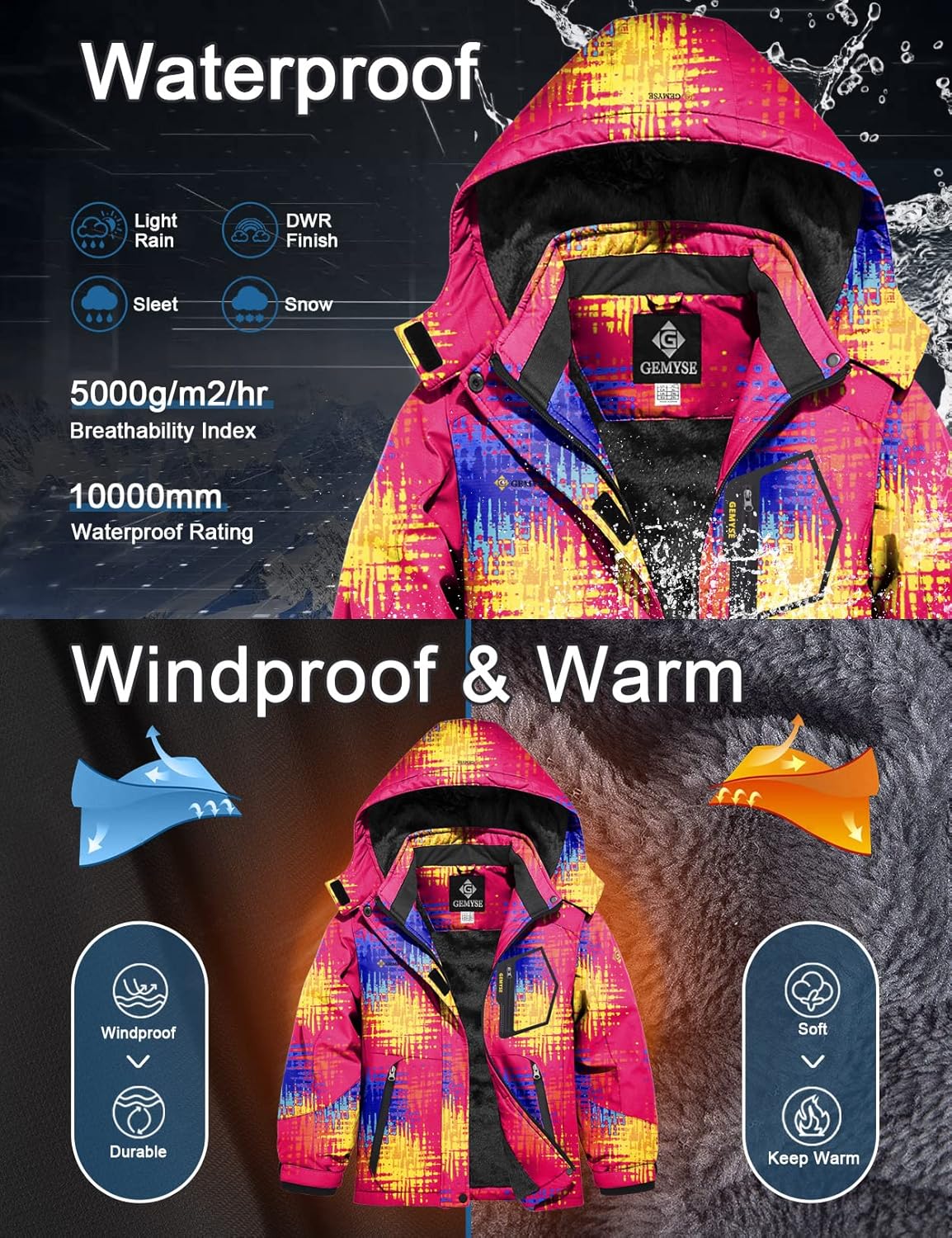 GEMYSE Girls Winter Waterproof Ski Snow Jacket
