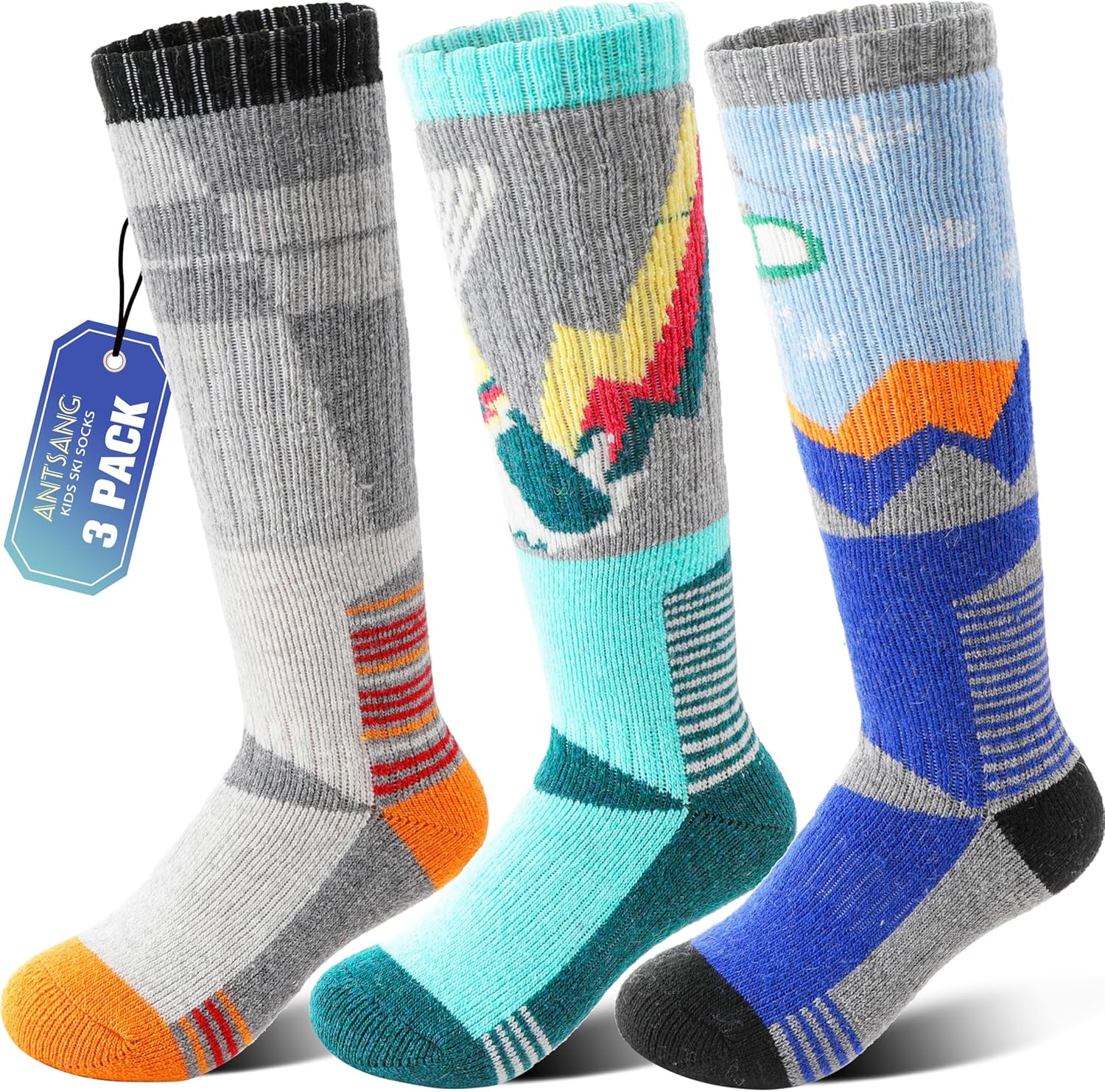 Yay ANTSANG 3 Pairs Kids Merino Wool Ski Socks for Skiing Snowboarding