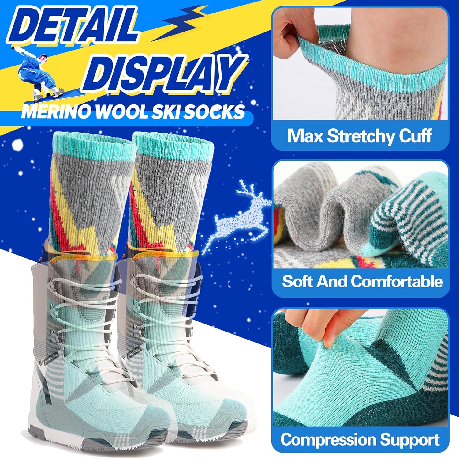Yay ANTSANG 3 Pairs Kids Merino Wool Ski Socks for Skiing Snowboarding